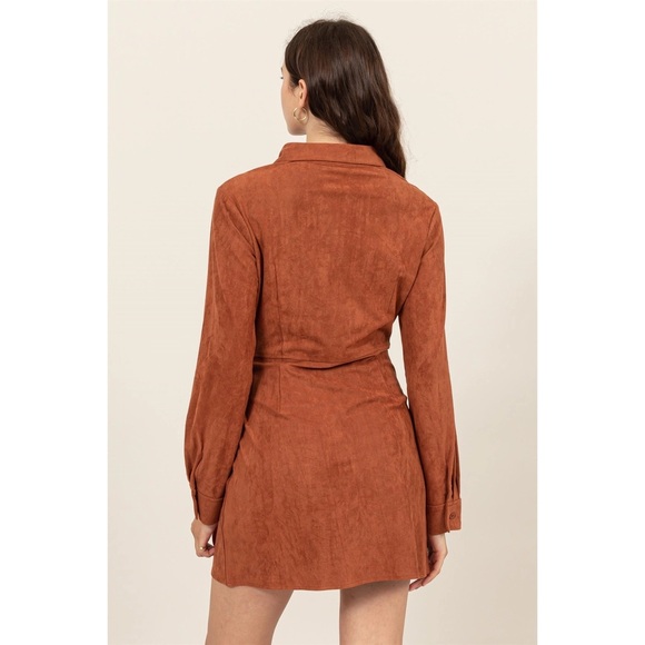 Vegan Rust Suede Wrap Tie Front Mini Dress - Picture 5 of 12
